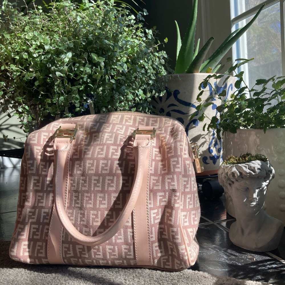 Fendi | Zucchino Boston Leather Classic Mini Blush Cream Logo Print Satchel Bag